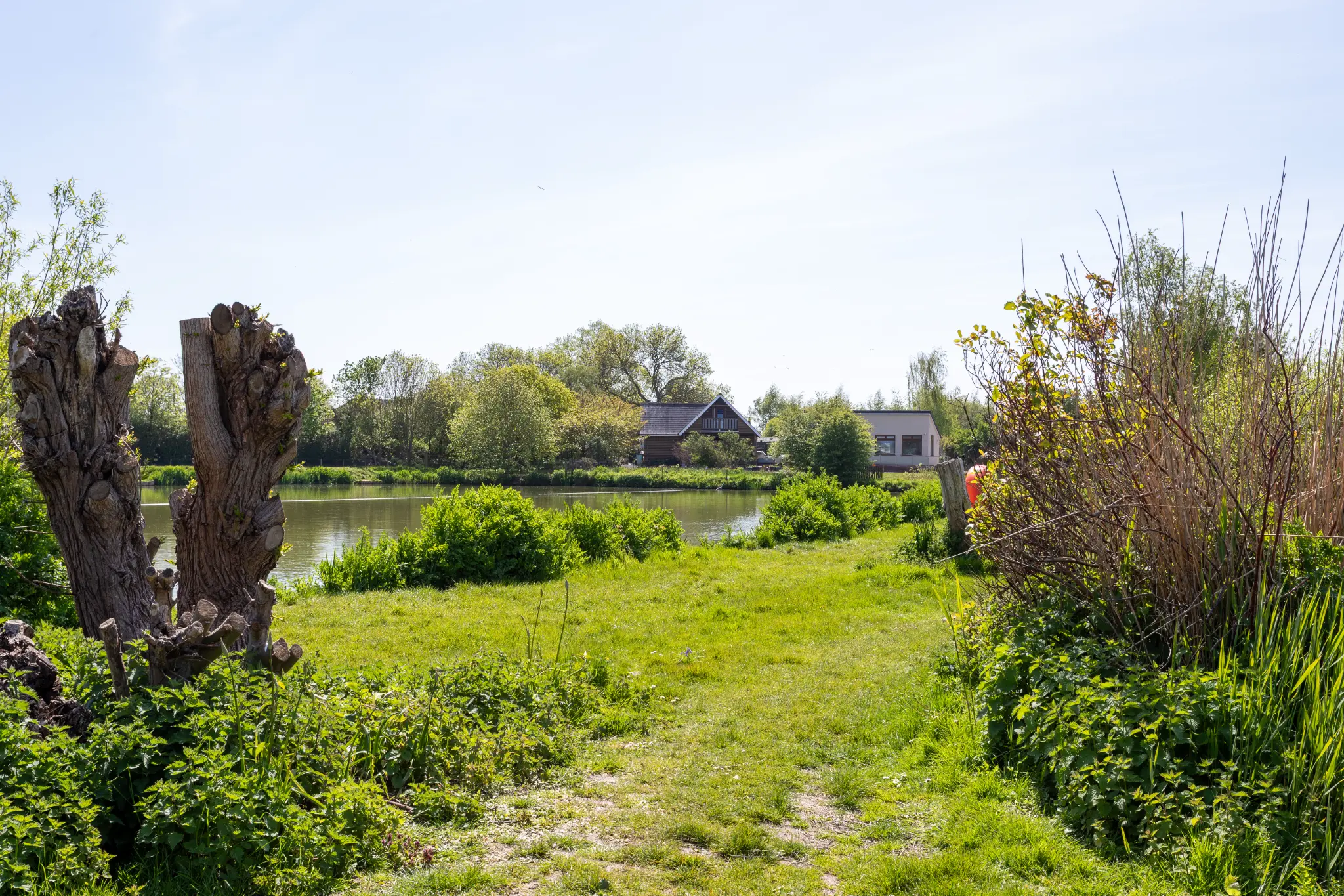 View across open ground towards the lake and lodge buildings