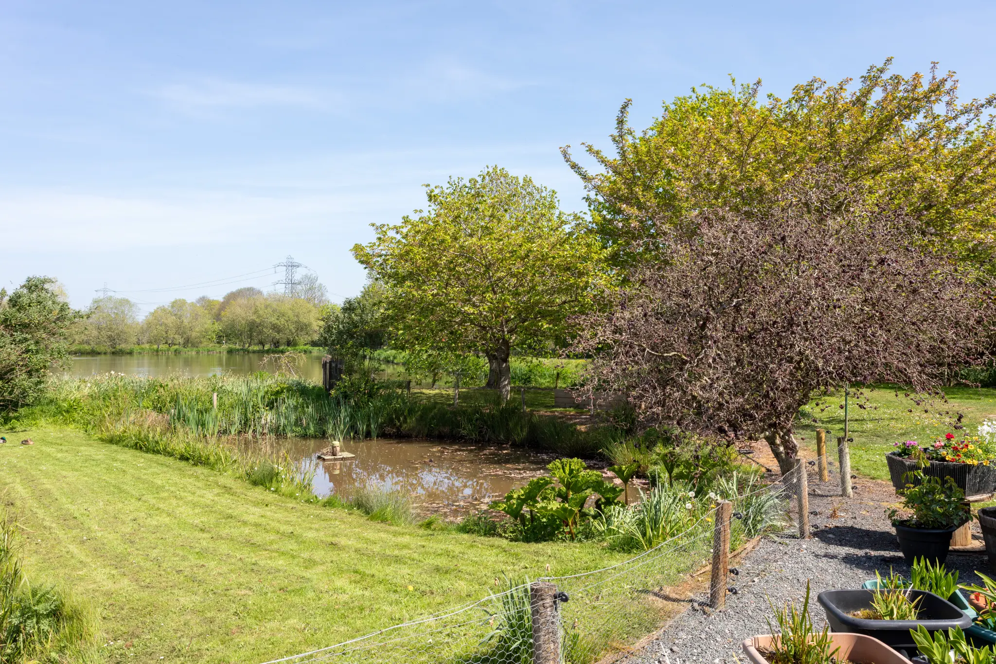 View across the grounds towards the lake with ornamental pond in foreground