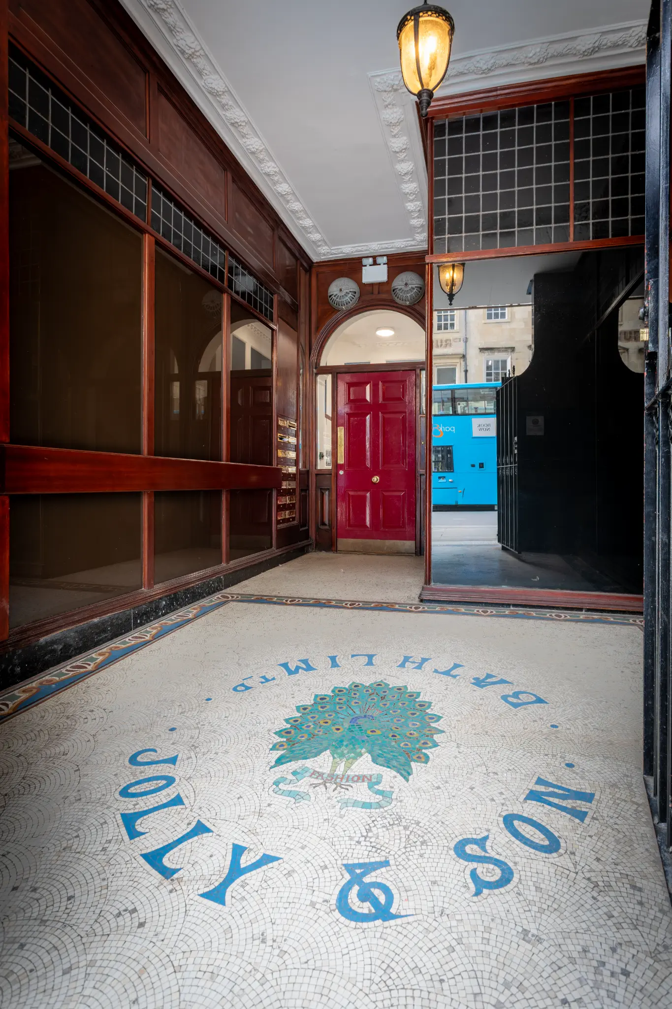 Historic Victorian entrance with Jolly & Son mosaic floor at Milsom Apartments Bath
