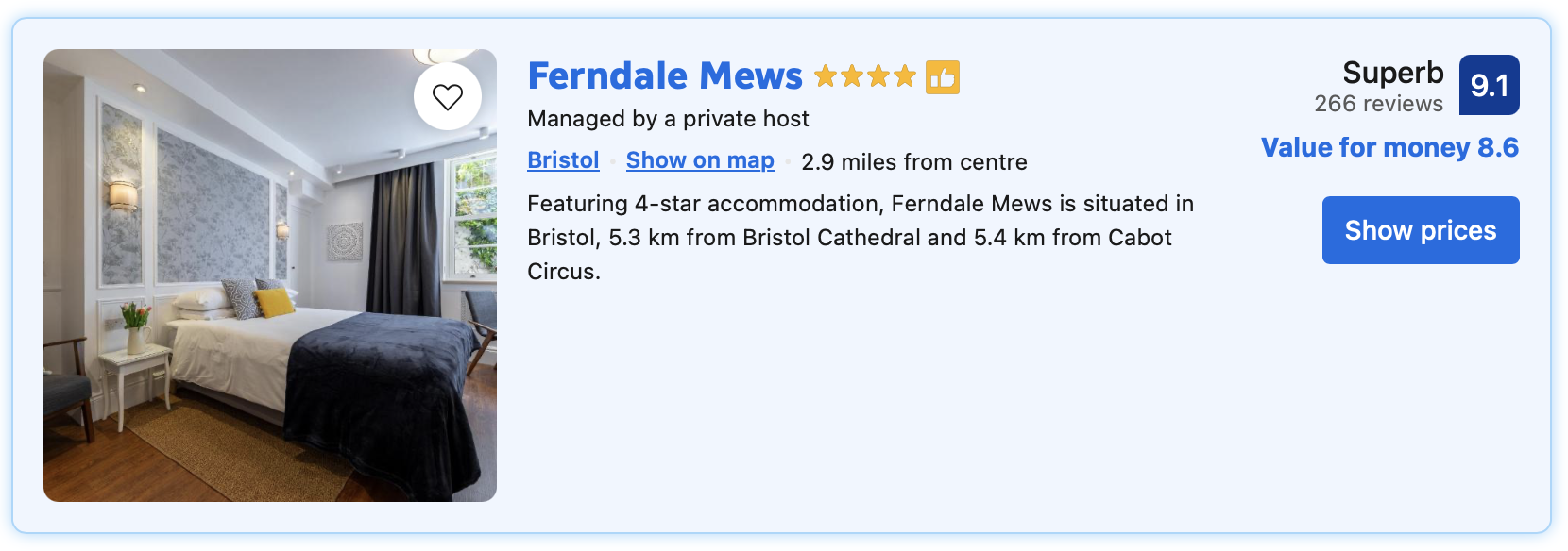 Ferndale Mews Booking.com listing with professional photography