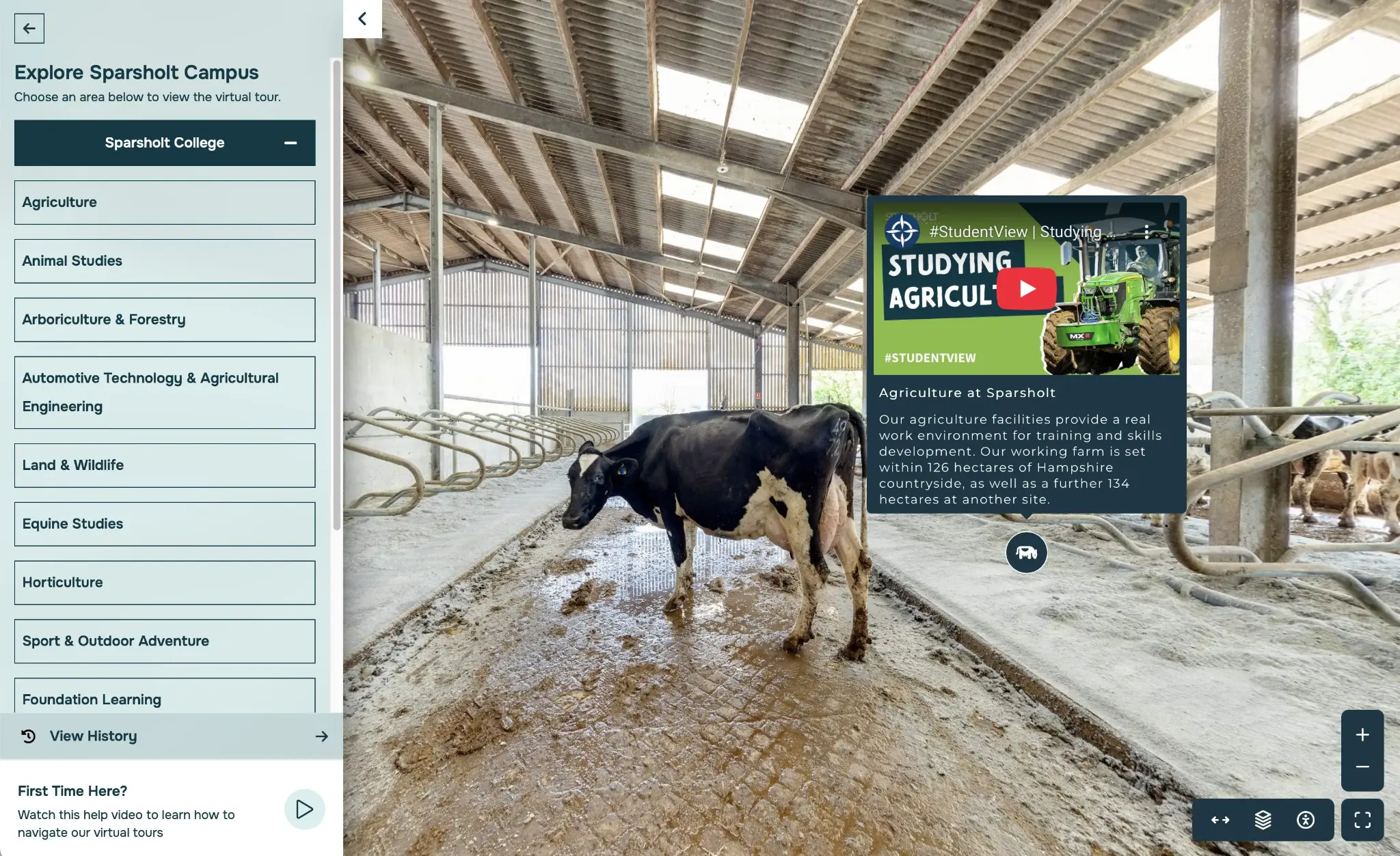 Sparsholt College virtual tour interface showing the agriculture facilities alongside a menu of campus subject areas
