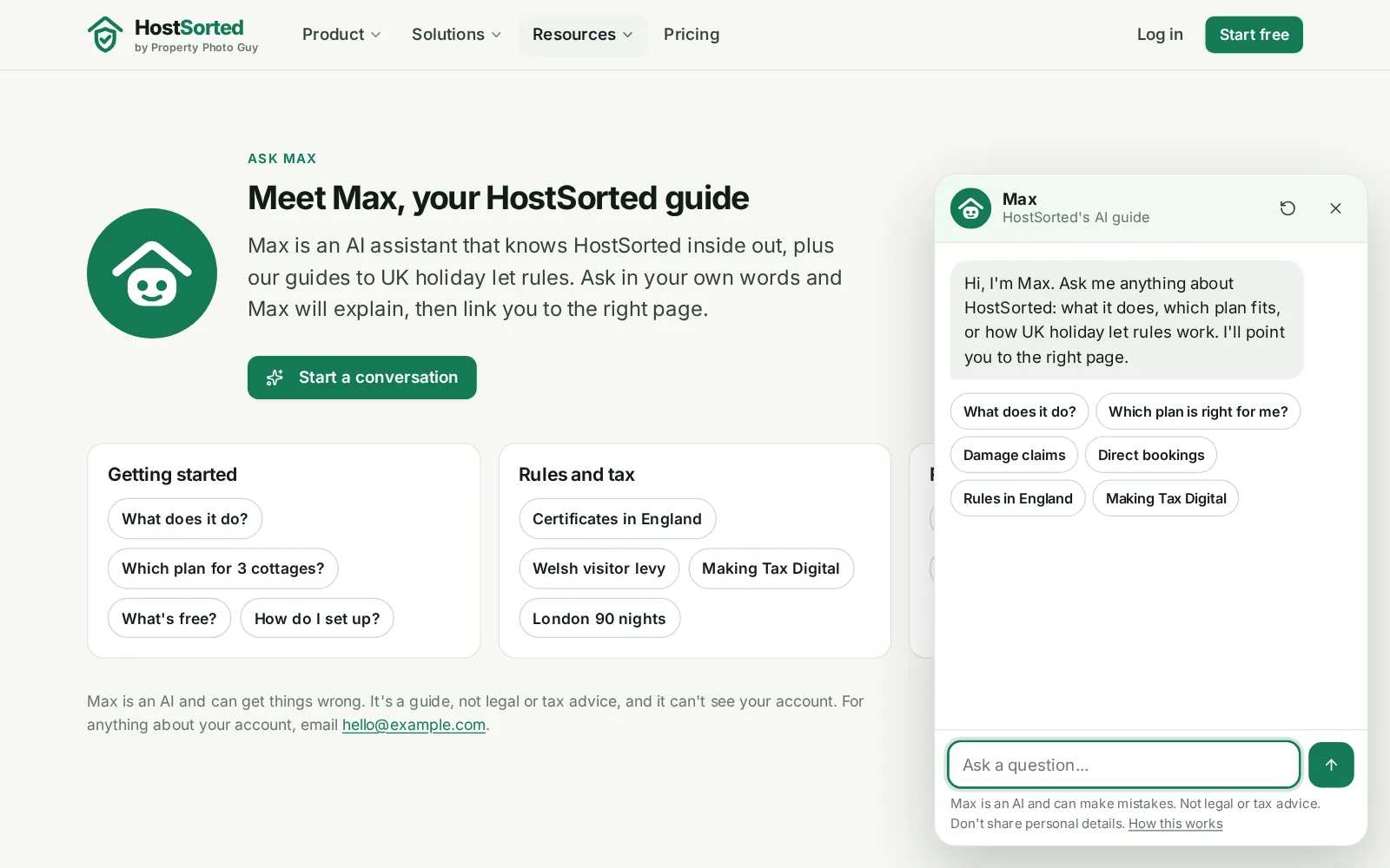 Max, HostSorted's AI guide, ready to answer questions about the software and UK holiday let rules