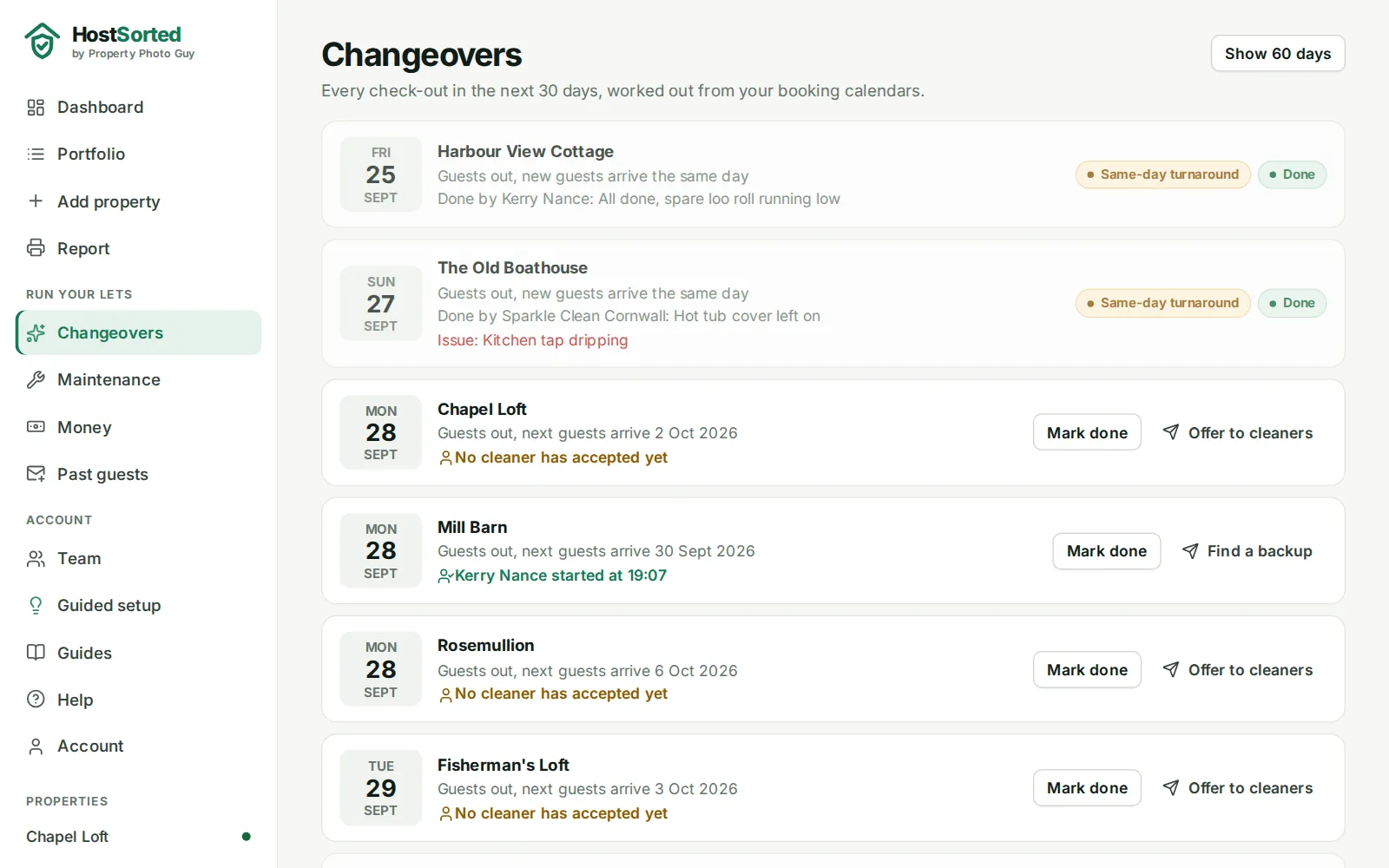 HostSorted changeovers list showing same-day turnarounds, which cleaner has accepted each clean and which still need a cleaner