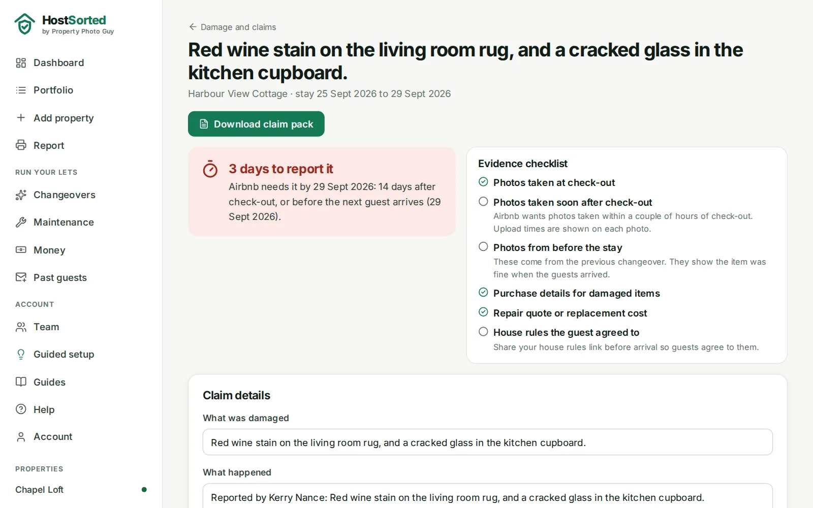 A HostSorted damage claim showing the days left to report it to Airbnb, an evidence checklist and a button to download the claim pack