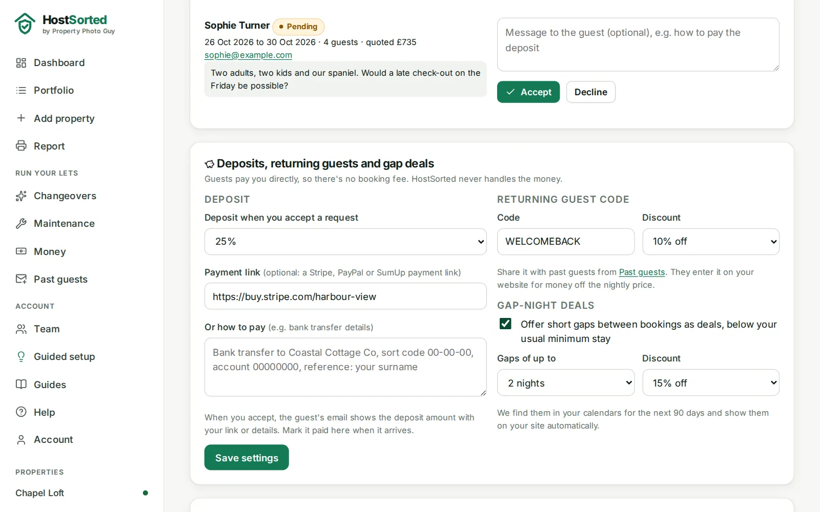 HostSorted direct booking settings: deposits, a returning-guest discount code and automatic gap-night deals