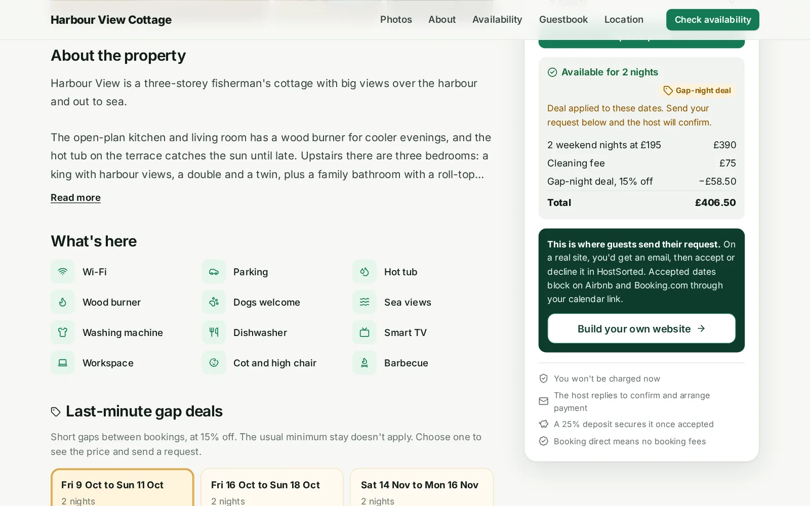 A gap-night deal applied on a HostSorted property website, showing the discount and total price