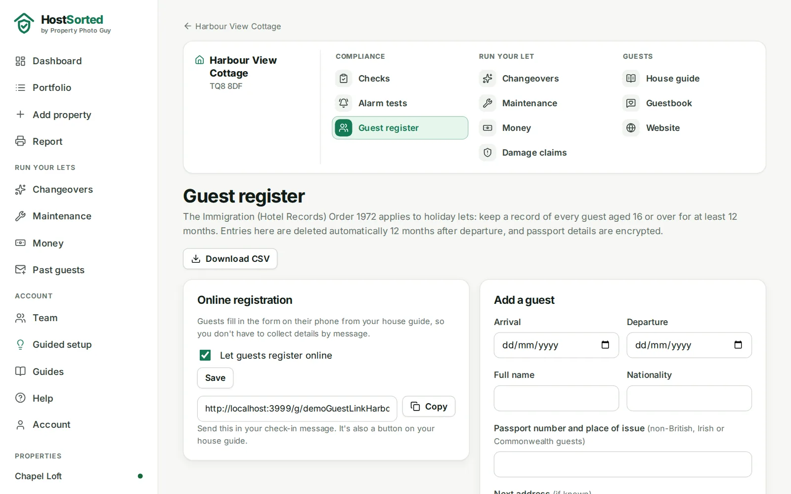 HostSorted guest register, where guests register themselves online from the house guide