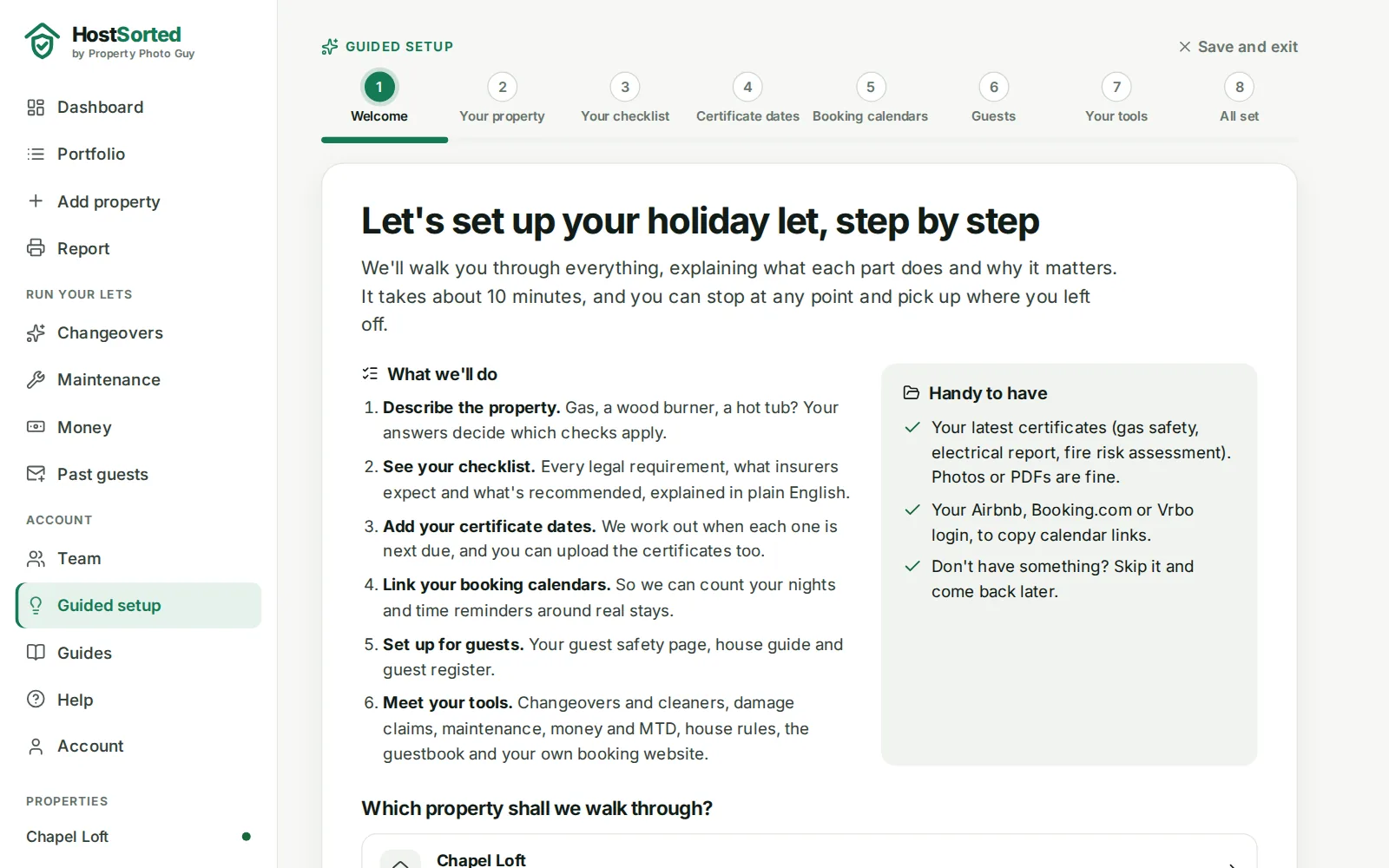 HostSorted guided setup, walking a new host through their first property in eight steps
