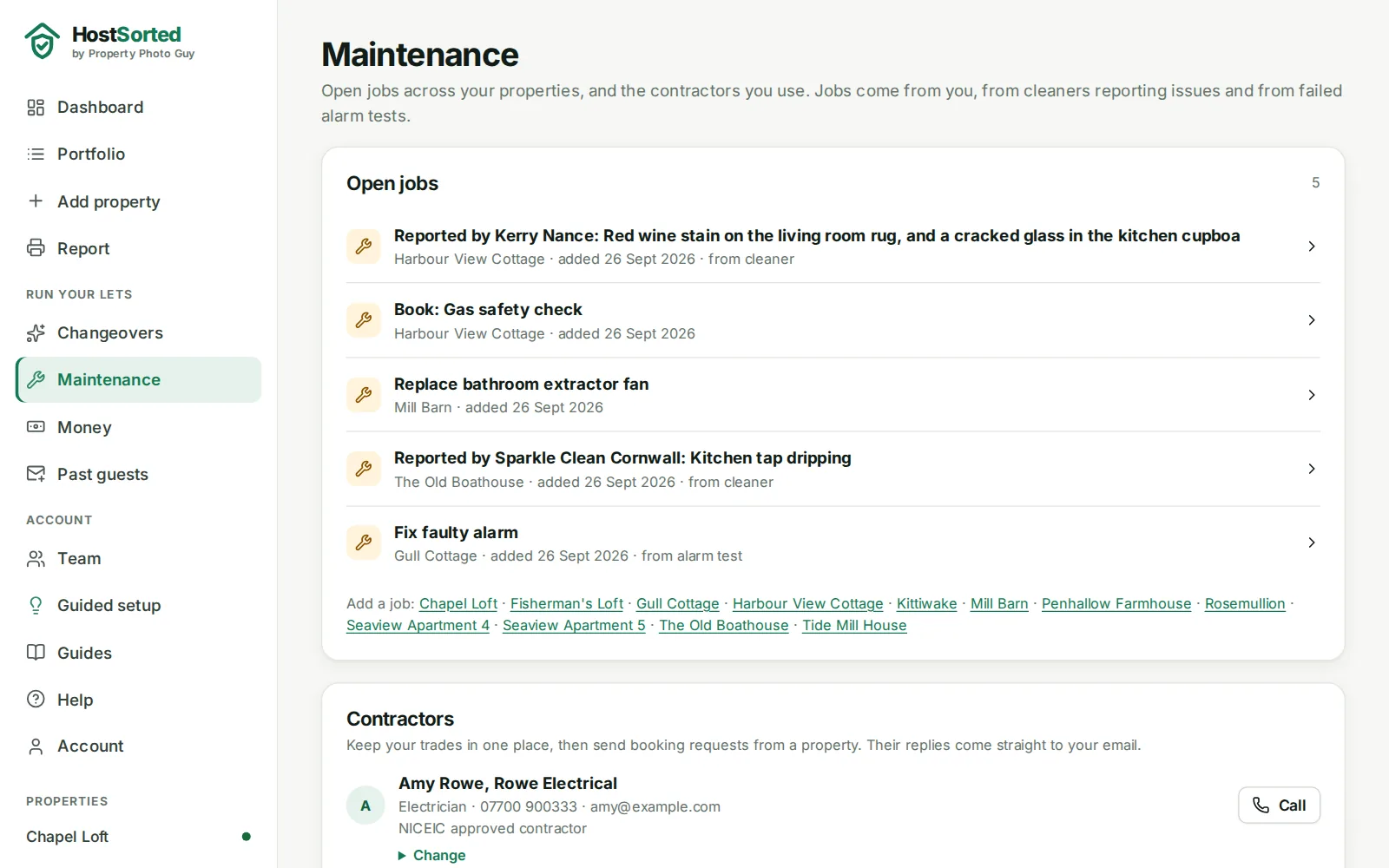 HostSorted maintenance jobs reported by cleaners and alarm tests, with the host's list of contractors