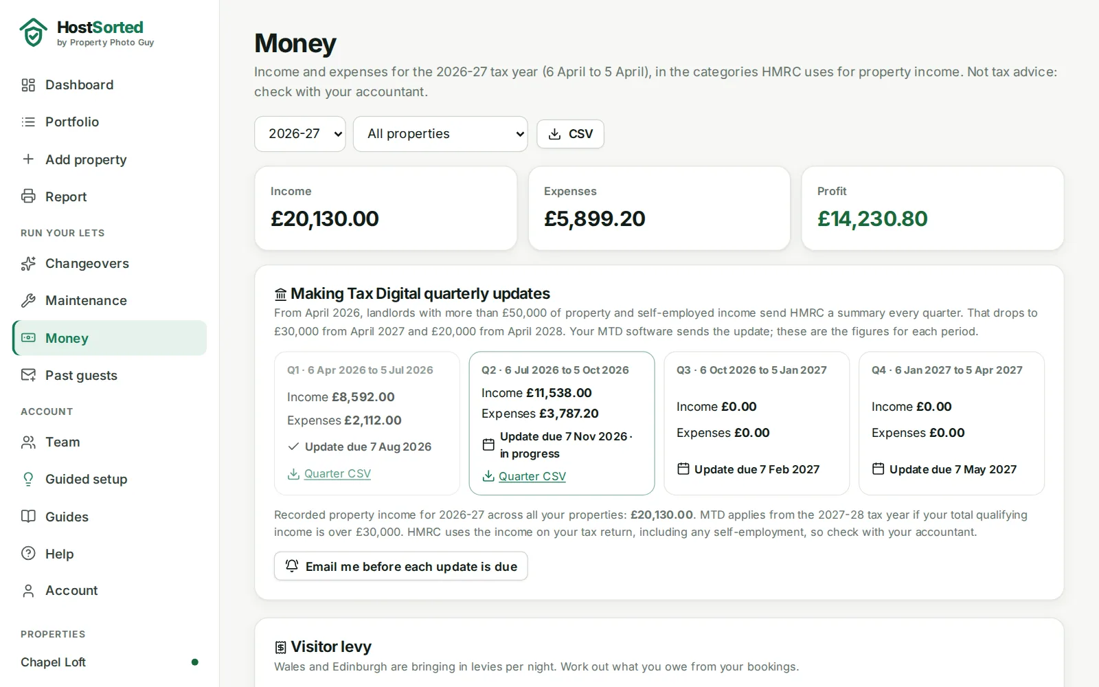 HostSorted money page with income, expenses and profit for the tax year, and Making Tax Digital quarterly figures and deadlines