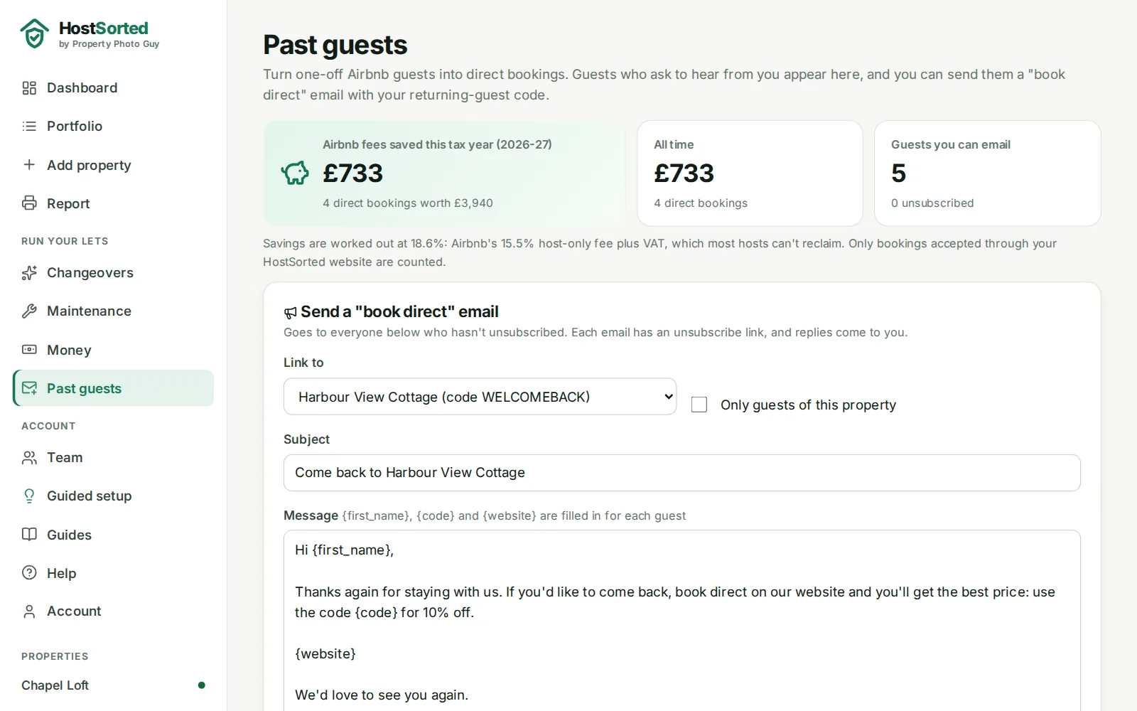 HostSorted past guests page showing £733 saved in Airbnb fees and a "book direct" email ready to send