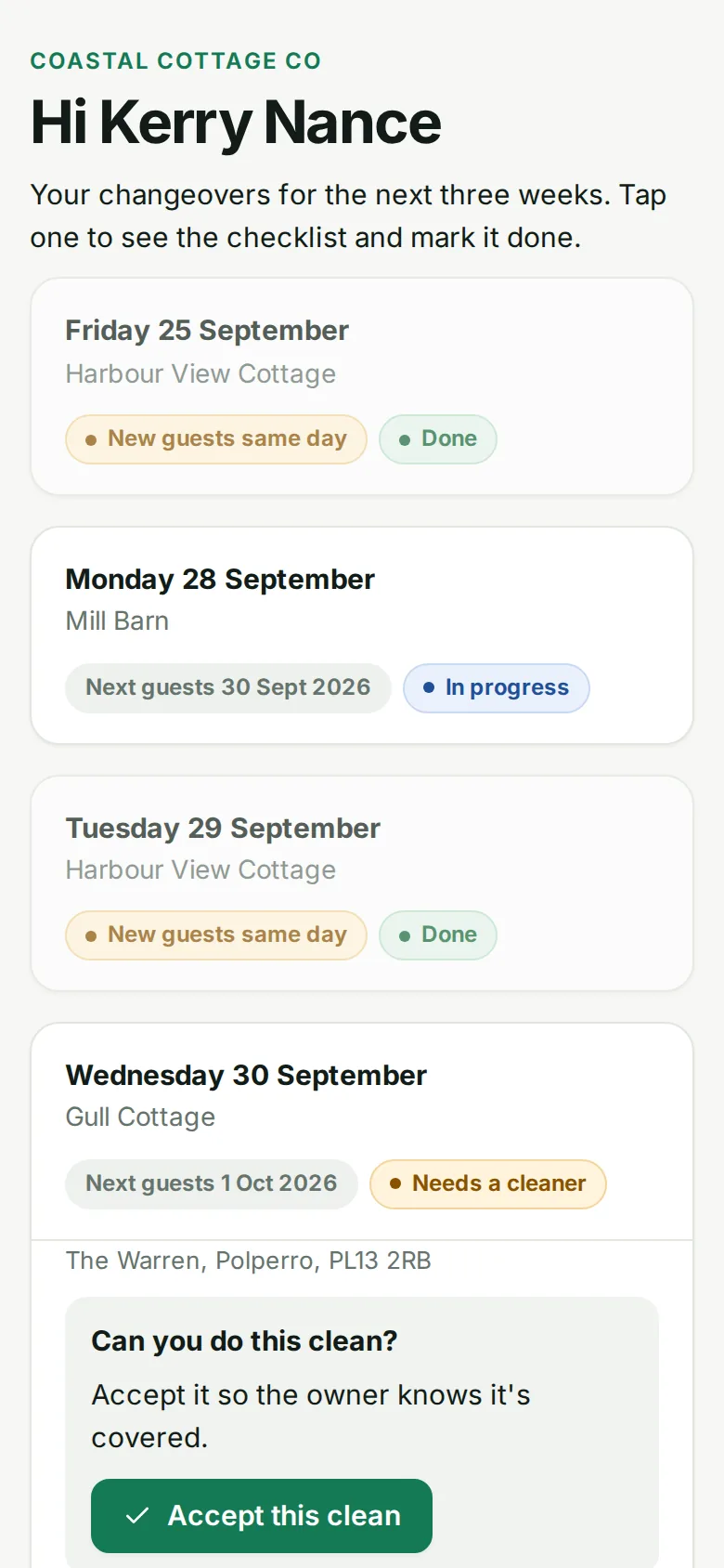A cleaner's HostSorted schedule on a phone, with the option to accept a clean