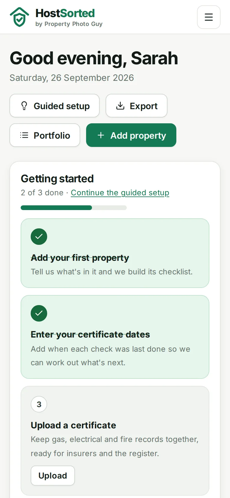 The HostSorted dashboard on a phone