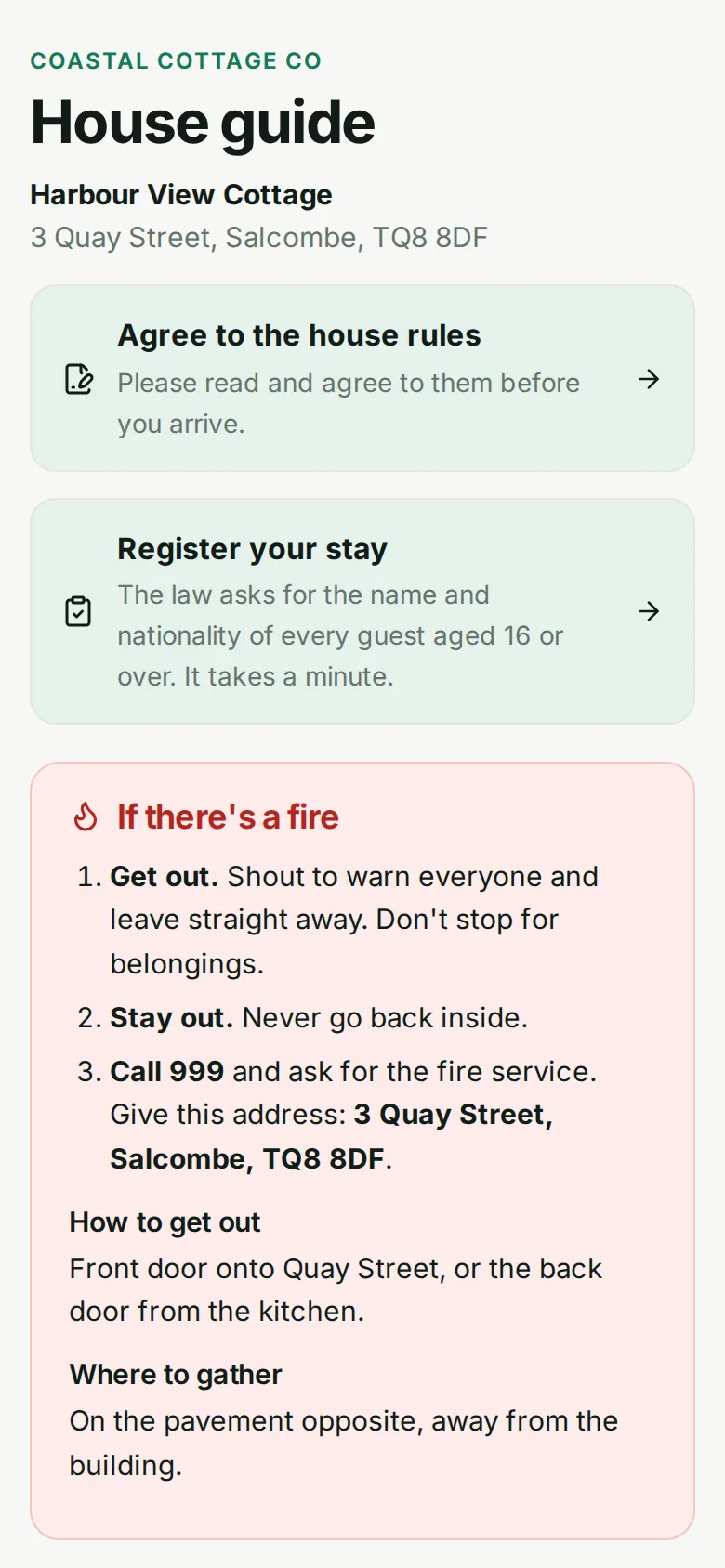 A HostSorted house guide on a guest's phone, with house rules, guest registration and fire safety information