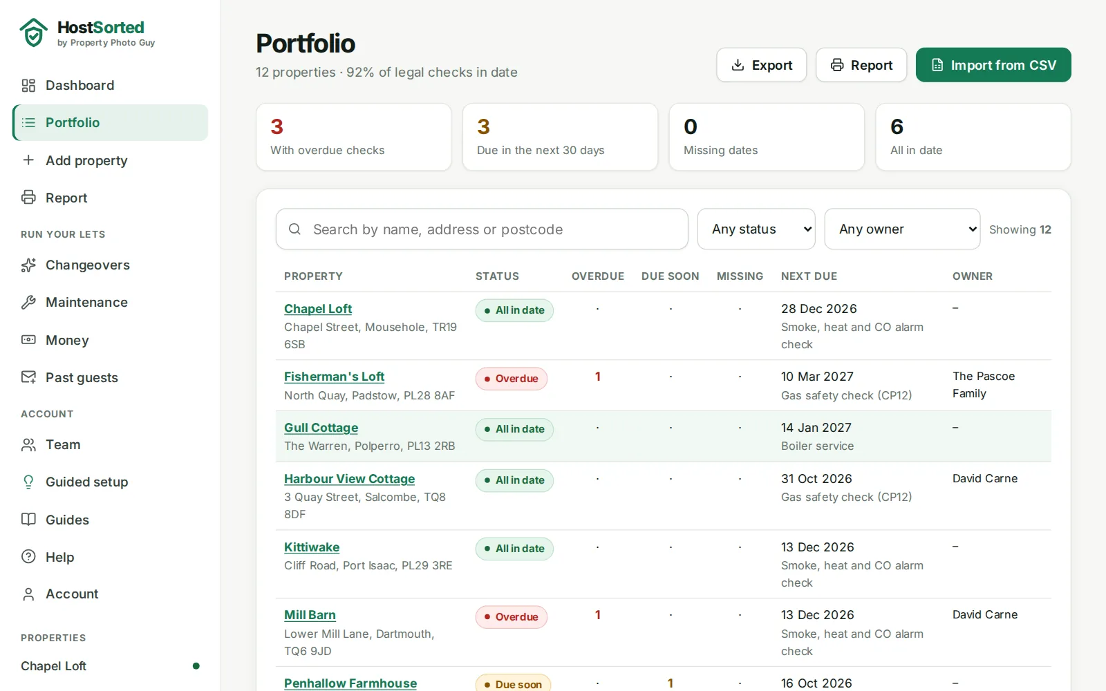 HostSorted portfolio for a letting agency, listing 12 holiday lets with their compliance status, next check due and owner