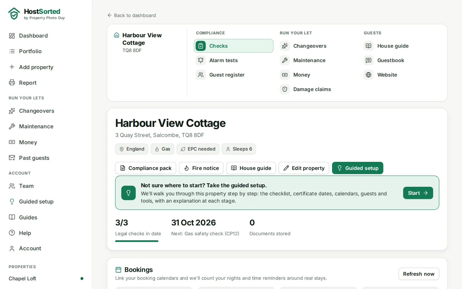 A holiday let in HostSorted with its checks, alarm tests, changeovers, money, damage claims, house guide and website in one menu