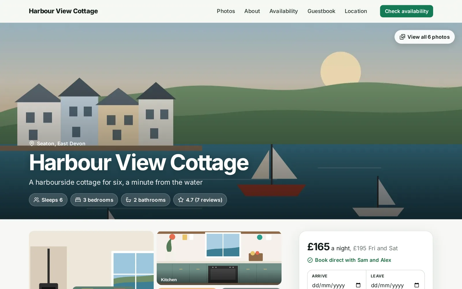 A holiday let's own booking website made with HostSorted, with photos, prices and a booking box