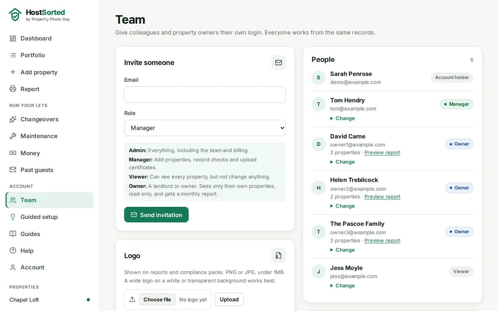 HostSorted team page with a manager, a viewer and three property owners