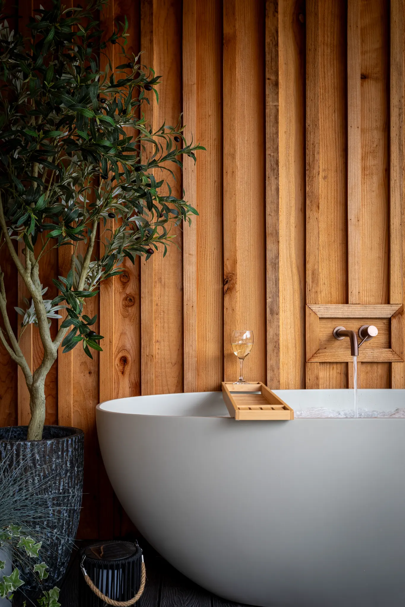 Outdoor stone bath and olive tree at Ochre Hill, portrait composition