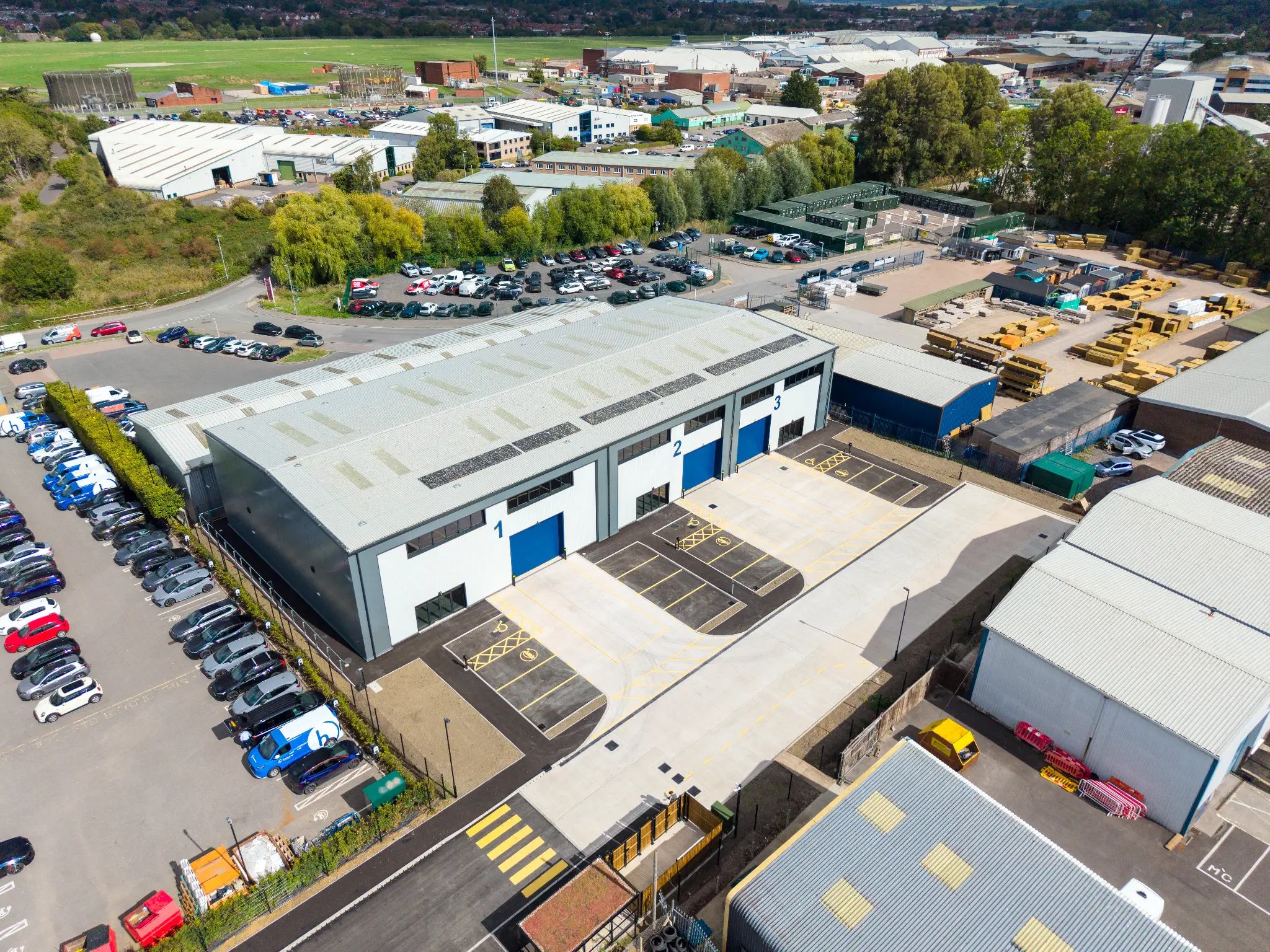 Aerial view of Rotor Trade Park with numbered units and loading forecourts