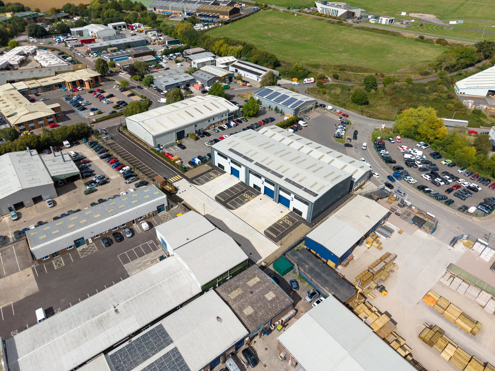 Wide aerial context of Rotor Trade Park within the Yeovil commercial estate