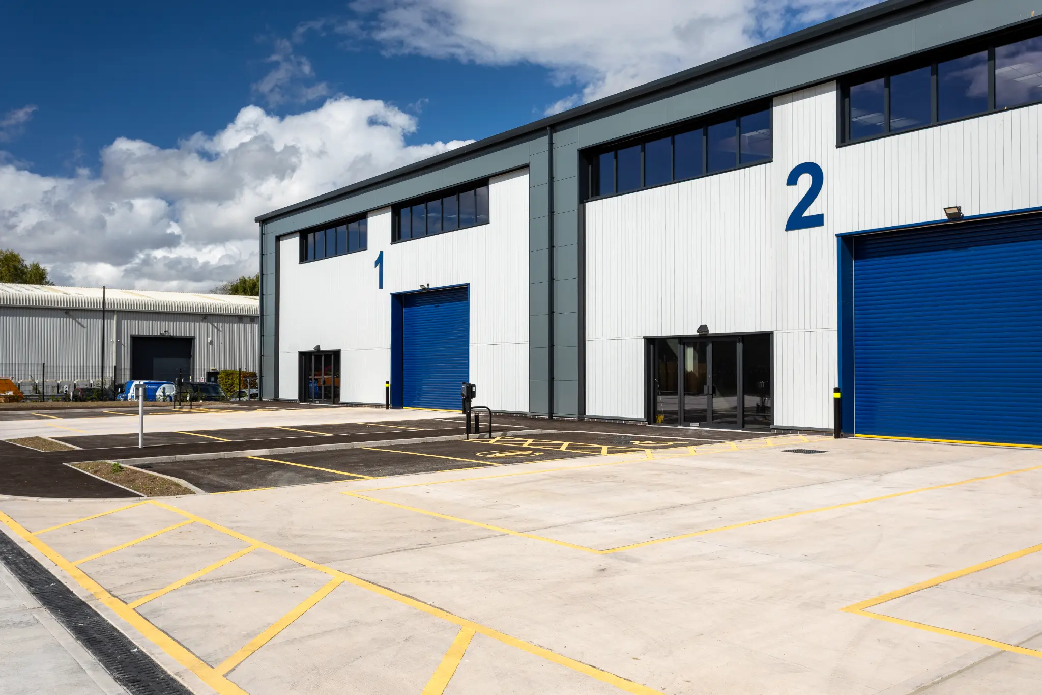 Units one and two at Rotor Trade Park with marked parking areas