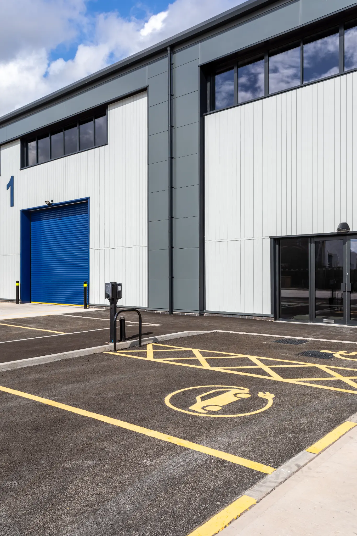 Dedicated EV charging bay in front of Rotor Trade Park Unit 1