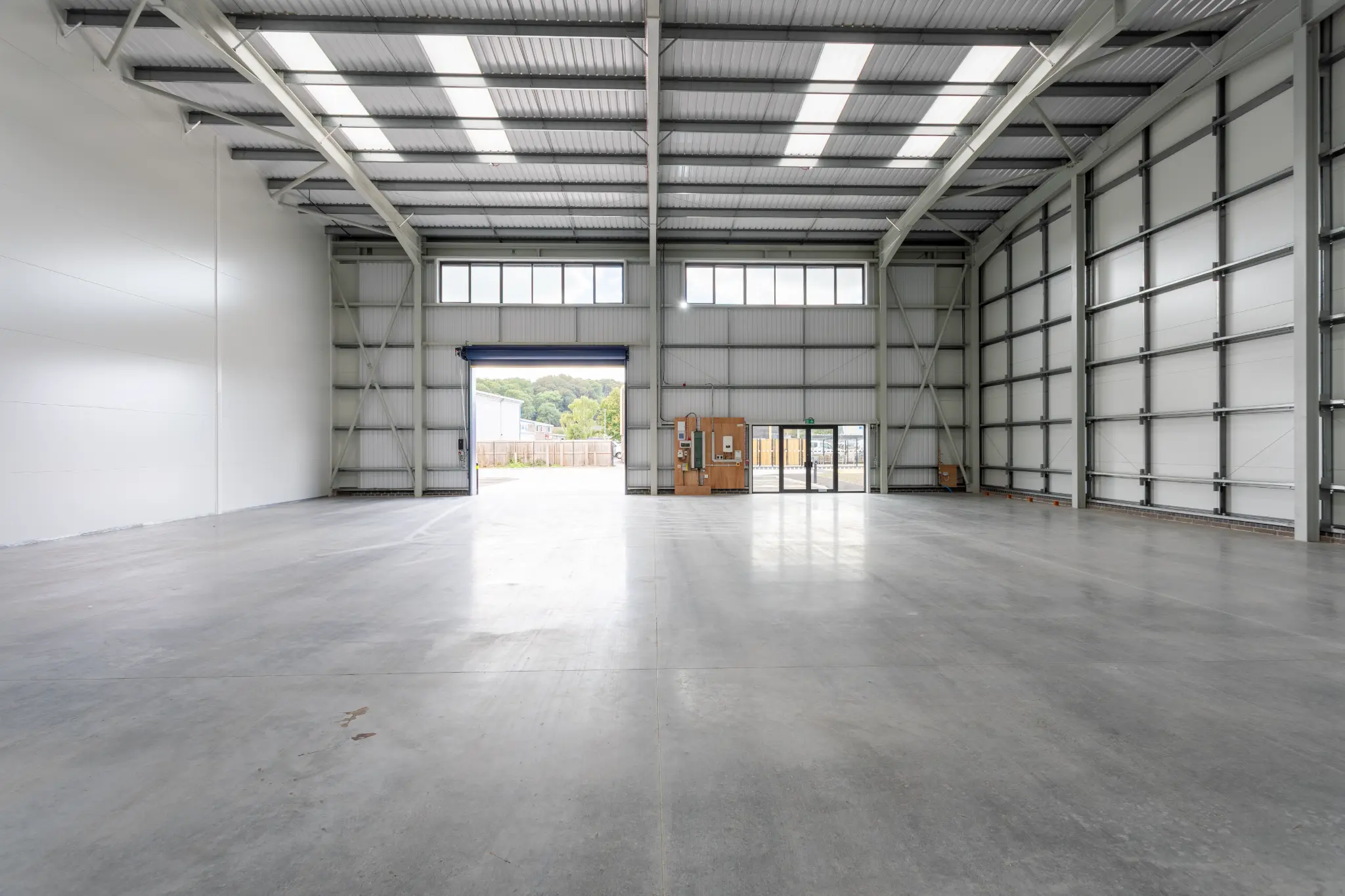 Wide interior view of a new-build industrial unit at Rotor Trade Park